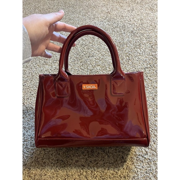 SACHI Thermal Insulated Dark Red Patent Double Handheld Lunch Bag/Handbag Purse - Picture 1 of 2